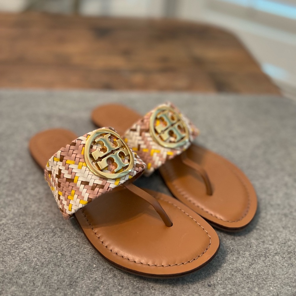 Tory Burch Woven Leather Tan Multi-Color Logo Thong Sandals